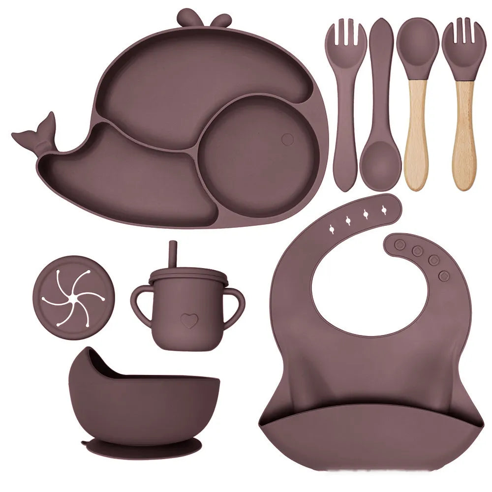 Baby Solid Color Silicone Anti-Fall Food Grade Dinner Plate 10-Pieces Set (Fish)