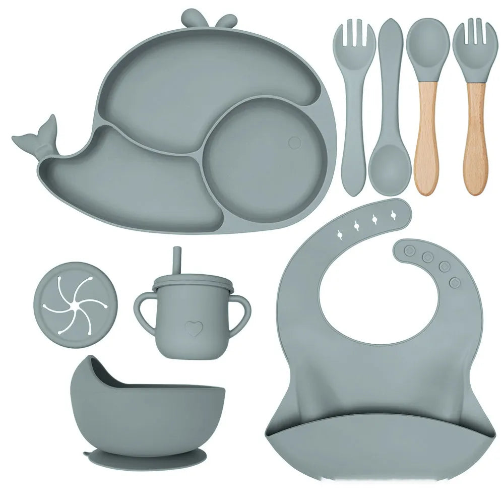 Baby Solid Color Silicone Anti-Fall Food Grade Dinner Plate 10-Pieces Set (Fish)