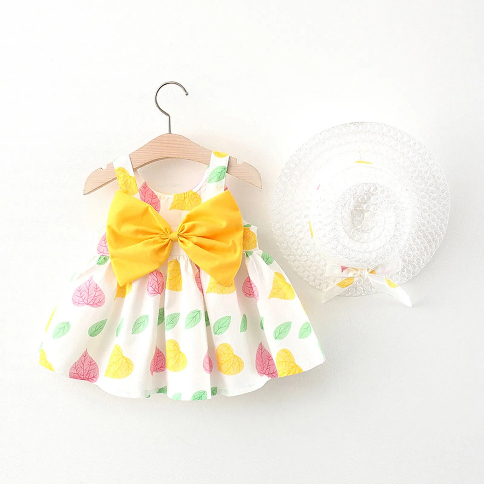 Toddlers Newborn Baby Girls Print Bowknot Sling Dress And Hat 2pcs Set