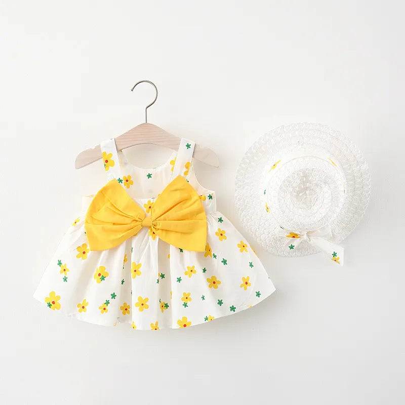 Toddlers Newborn Baby Girls Print Bowknot Sling Dress And Hat 2pcs Set