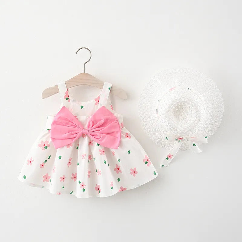 Toddlers Newborn Baby Girls Print Bowknot Sling Dress And Hat 2pcs Set