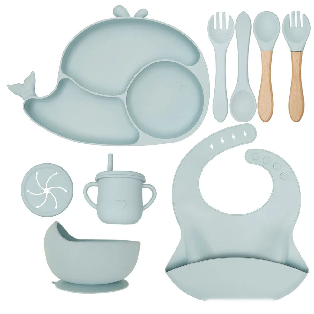 Baby Solid Color Silicone Anti-Fall Food Grade Dinner Plate 10-Pieces Set (Fish)