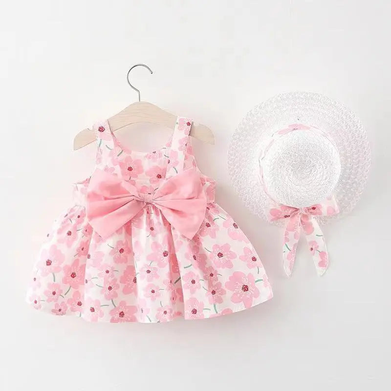 Toddlers Newborn Baby Girls Print Bowknot Sling Dress And Hat 2pcs Set