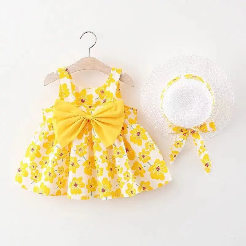 Toddlers Newborn Baby Girls Print Bowknot Sling Dress And Hat 2pcs Set