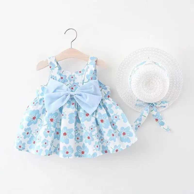 Toddlers Newborn Baby Girls Print Bowknot Sling Dress And Hat 2pcs Set
