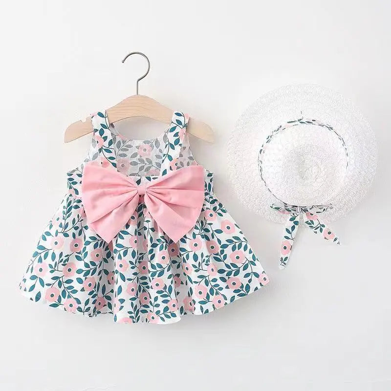 Toddlers Newborn Baby Girls Print Bowknot Sling Dress And Hat 2pcs Set