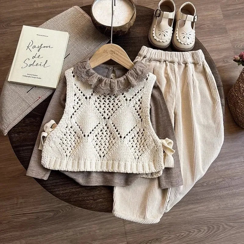 Girl Fashion Casual Lace Collar Top Knitted Vest Pants Three-Piece Set