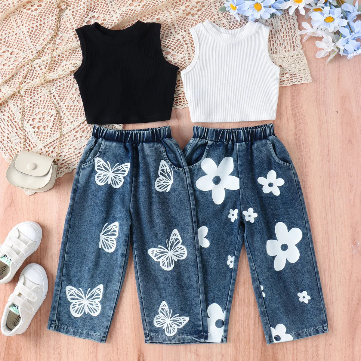 Girl'S Fashion Printed Sleeveless Vest And Jeans Two-Piece Set