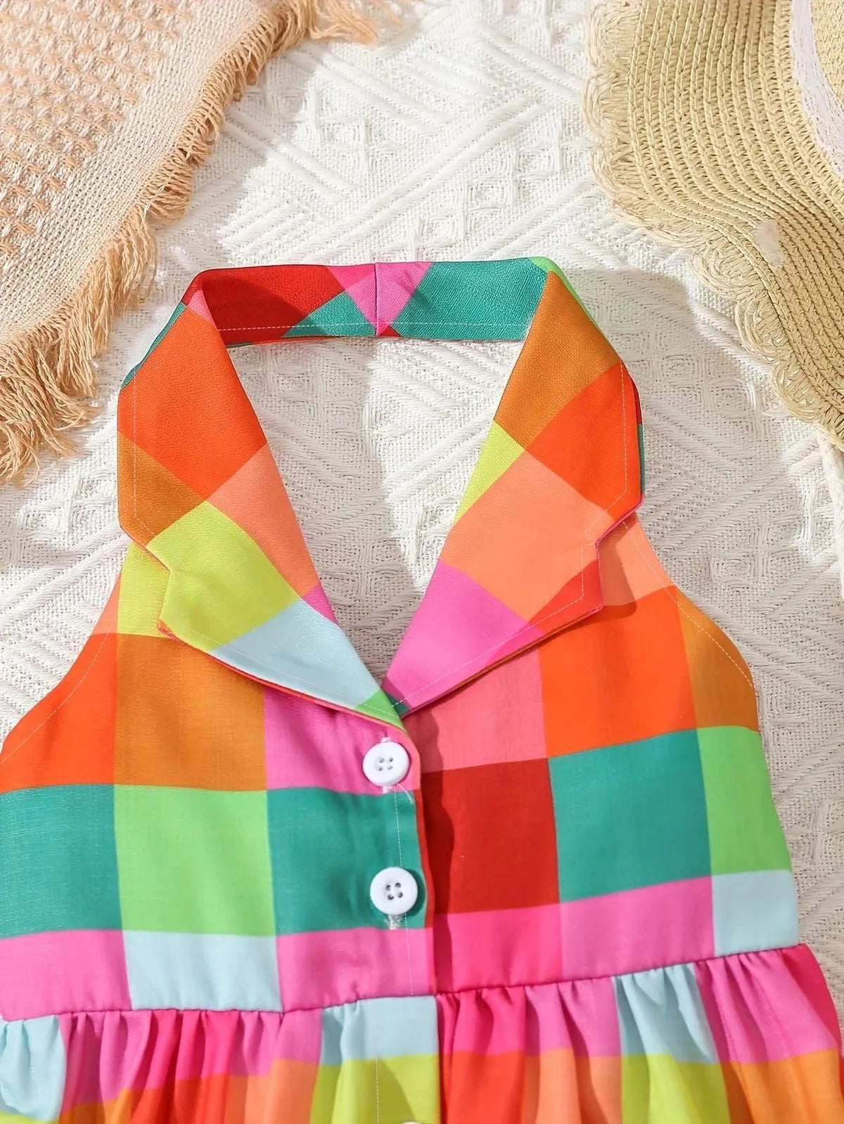 Baby Girls Halter Neck Backless Color Blocking Plaid Dress