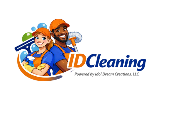 Logo for ID Cleaning featuring two cartoon characters with cleaning tools on a white background.