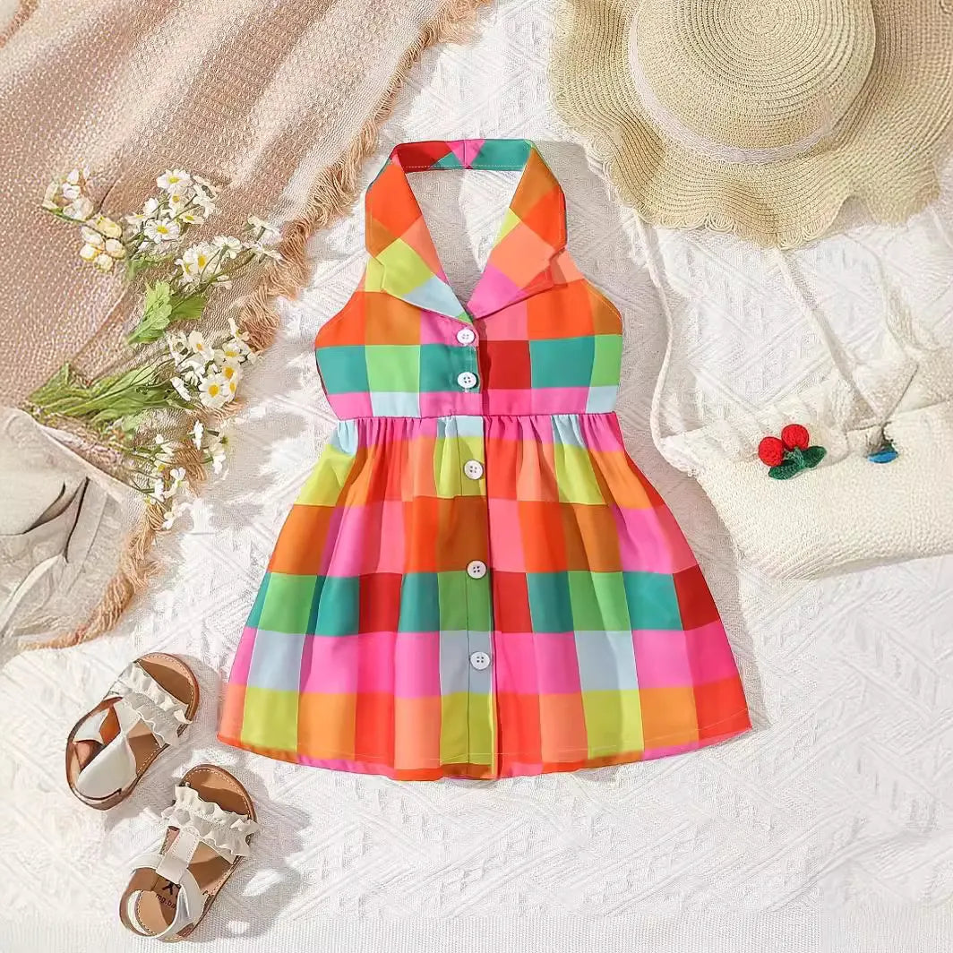 Baby Girls Halter Neck Backless Color Blocking Plaid Dress