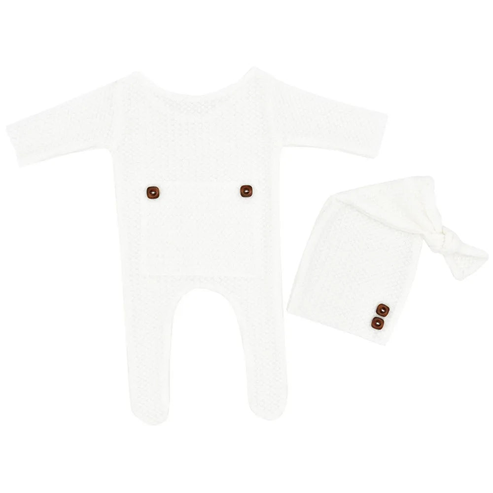 Newborn Baby Infant Knitted Jumpsuits Cap Two-Piece Set