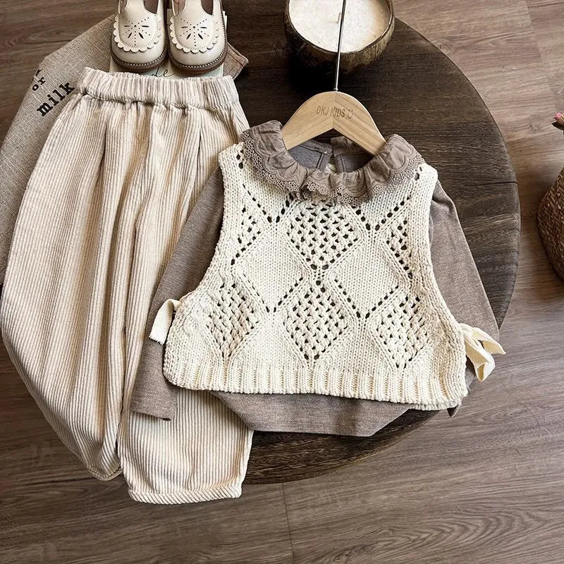 Girl Fashion Casual Lace Collar Top Knitted Vest Pants Three-Piece Set