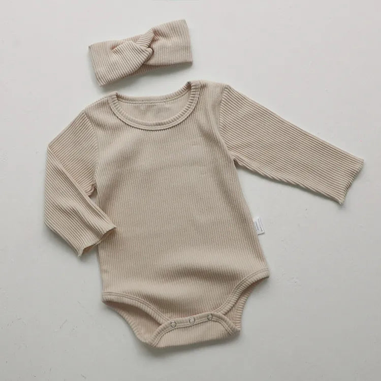 Kids Baby Boys Girls Casual Cute Solid Color Rib-Knit Hair Band Long Sleeve Romper