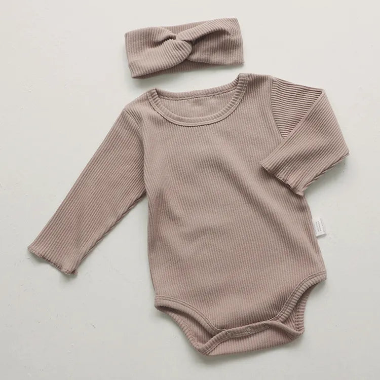 Kids Baby Boys Girls Casual Cute Solid Color Rib-Knit Hair Band Long Sleeve Romper