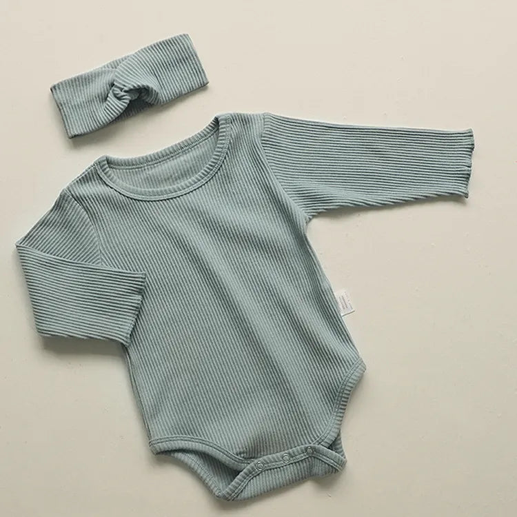 Kids Baby Boys Girls Casual Cute Solid Color Rib-Knit Hair Band Long Sleeve Romper