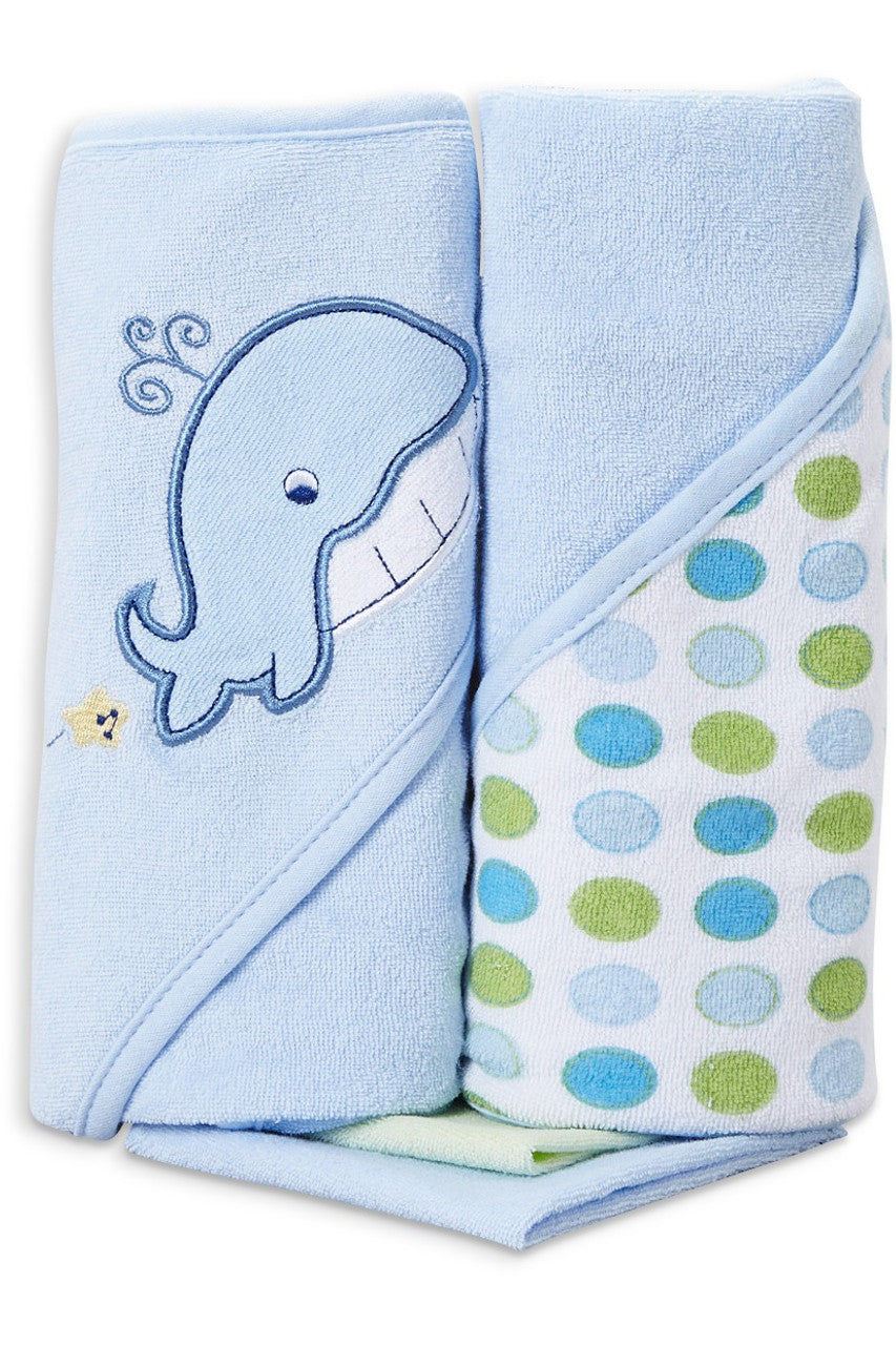 3 Hooded Towel with 3 Washcloths, Blue Whale