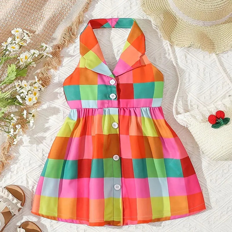 Baby Girls Halter Neck Backless Color Blocking Plaid Dress