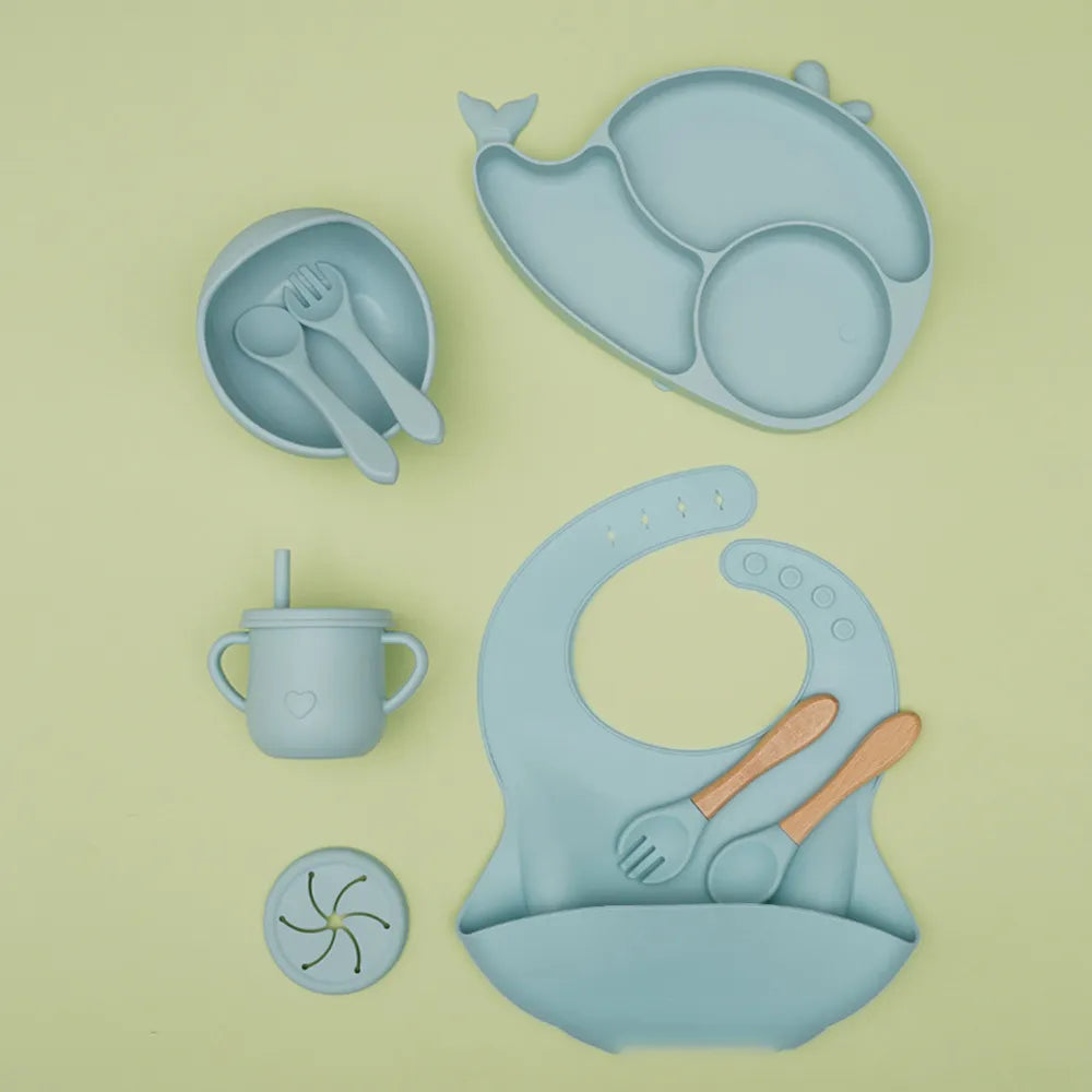 Baby Solid Color Silicone Anti-Fall Food Grade Dinner Plate 10-Pieces Set (Fish)