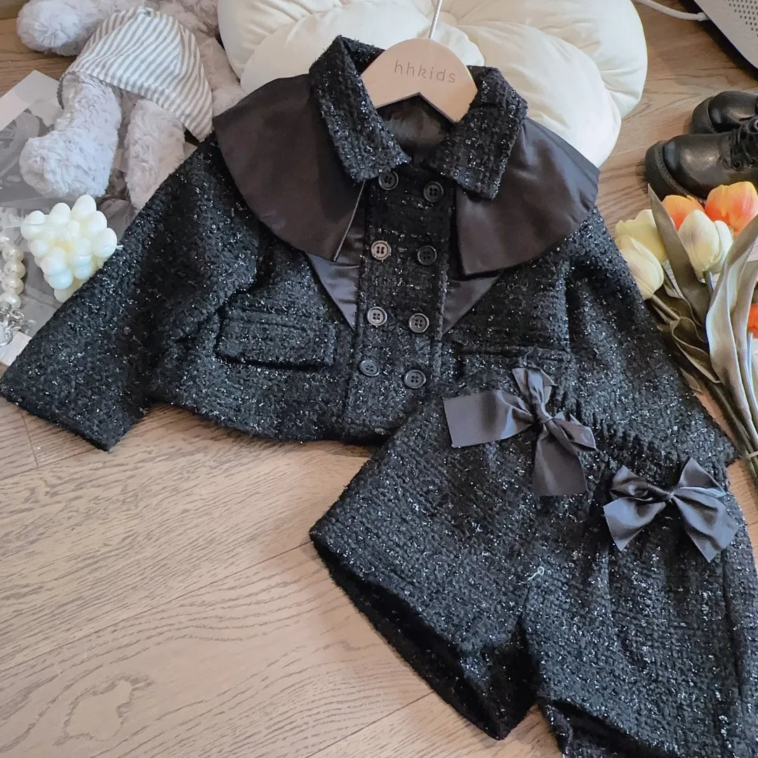 Girl Fashion Elegant Woolen Woven Lapel Long-Sleeve Top Bowknot Shorts Two-Piece Set